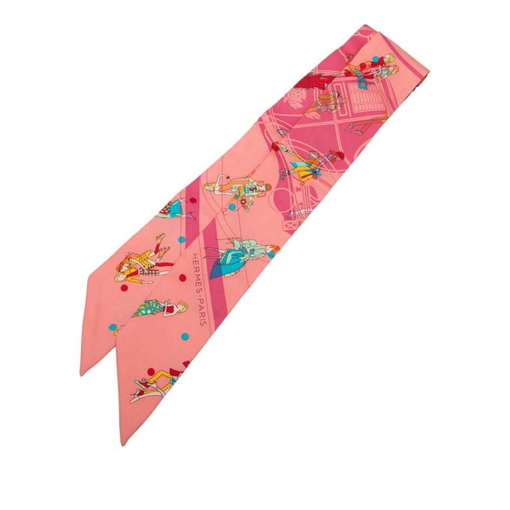 Hermes Twilly Ex-Libris Les Parisiennes Scarf Muffler Pink Multicolor Silk Wo...